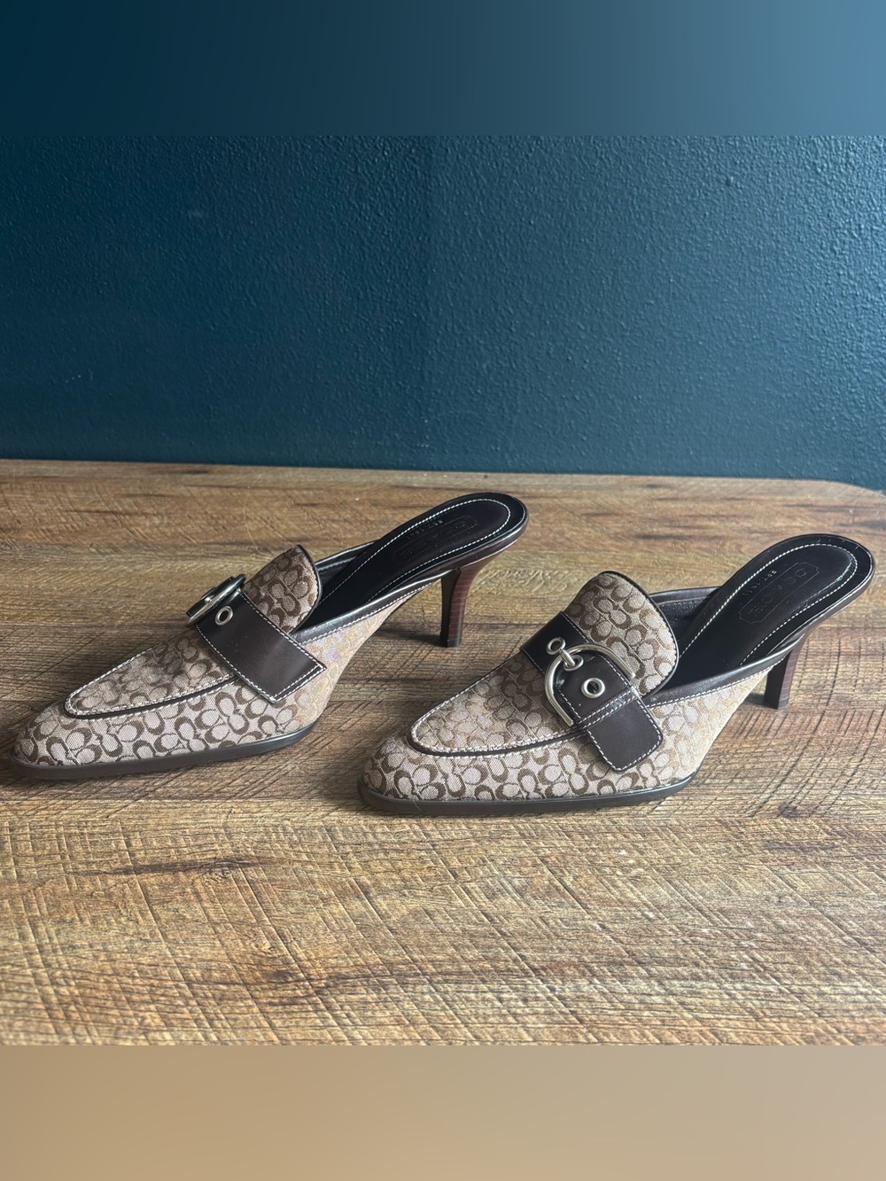 Coach Brown Slip-On Pointed Toe Mule Heels with Buckle - Picture 1 of 5